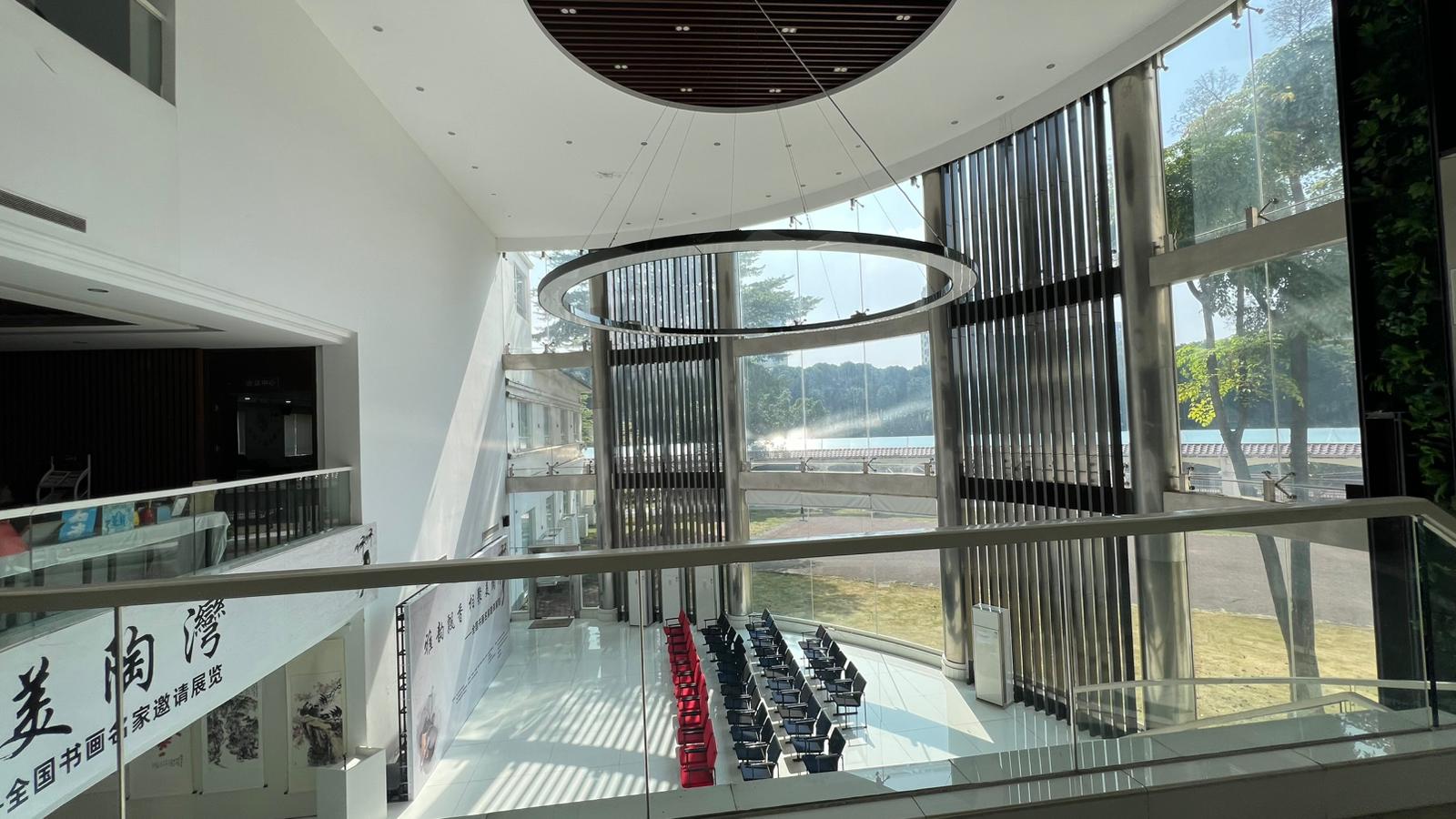 Interior atrium of the Tao House cultural hall, with a calligraphy exhibition